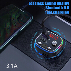 Car Cigarette Lighter FM Transmitter Audio Player Bluetooth-compatible 5.0 Colorful Lights MP3 Player 2 USB 5V 3.1A Fast Charger