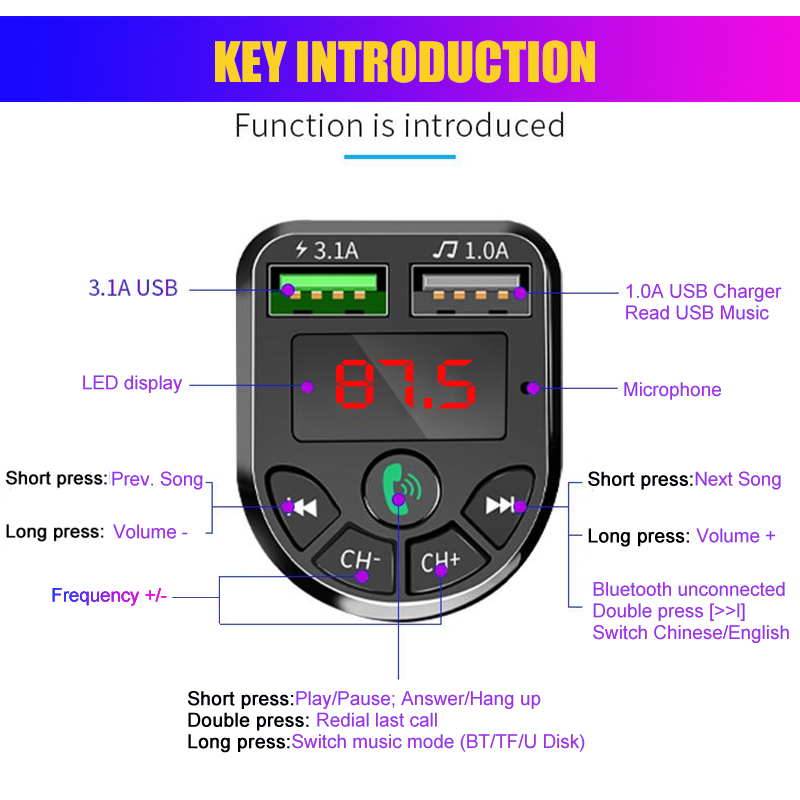 Bluetooth-compatible 5.0 FM Transmitter Car Kit MP3 Modulator Player Wireless Handsfree Audio Receiver Dual USB Fast Charger
