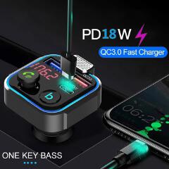Car Bluetooth-compatible 5.0 FM Transmitter One Key Bass Mp3 Player Large Microphone USB Music Play QC3.0 PD18W Quick Charger