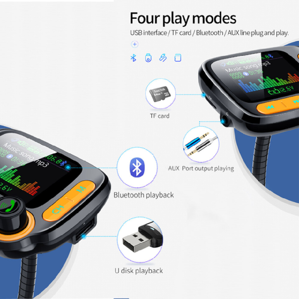 Bluetooth 5.0 Handsfree FM Transmitter Modulator Car Kit 1.77" Color Screen MP3 Player Adapter Dual USB Quick Charger
