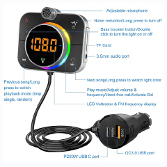 Bluetooth 5.0 FM Transmitter Modulator RGB Light Wireless Car MP3 Player with TF Slot USB Music Play PD 20W QC3.0 Fast Charger