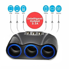 3 Way 12V 24V Multi Socket Car Cigarette Lighter Splitter USB Charger Adapter
