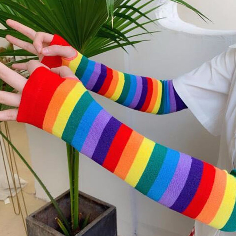 Colorful Candy Color Cute Arm Sleeves  Striped Arm Sleeves Rainbow Sun Protection Sleeve