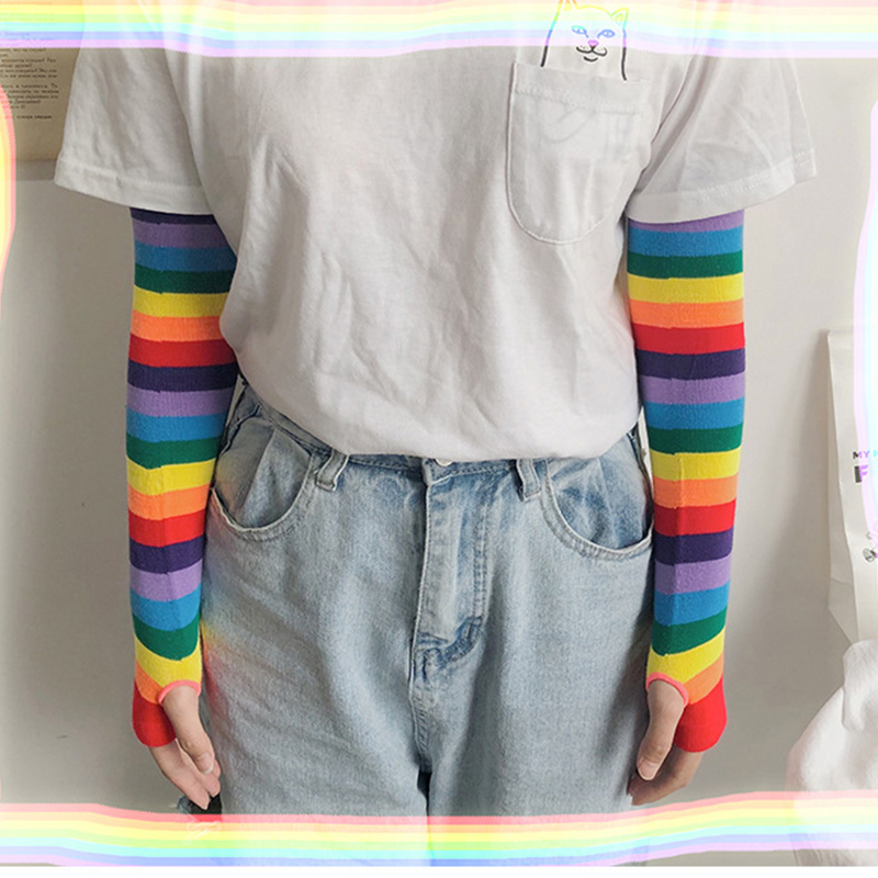 Colorful Candy Color Cute Arm Sleeves  Striped Arm Sleeves Rainbow Sun Protection Sleeve