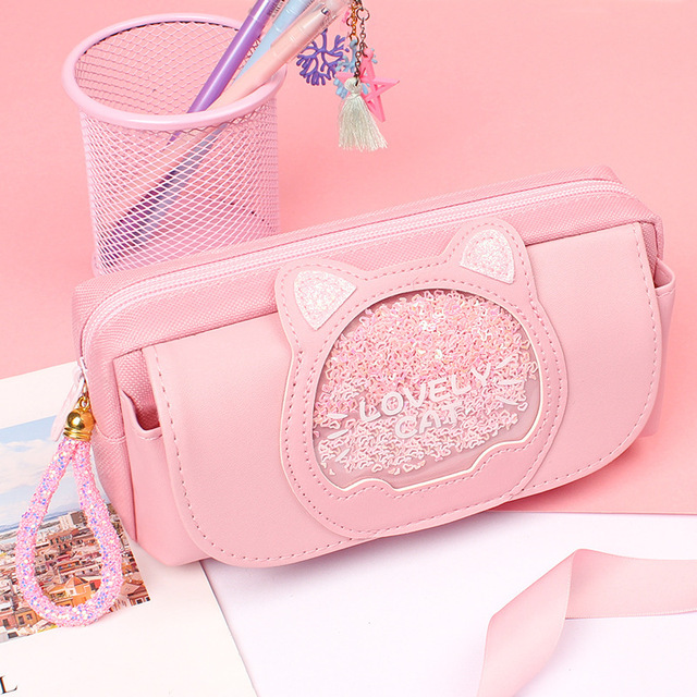 Quicksand cat pencil case cute pencil bag Three layers Big pen case girls kawaii Stationery bag cartoon animals pen bag student
