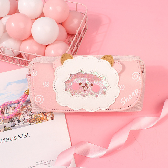 Quicksand cat pencil case cute pencil bag Three layers Big pen case girls kawaii Stationery bag cartoon animals pen bag student