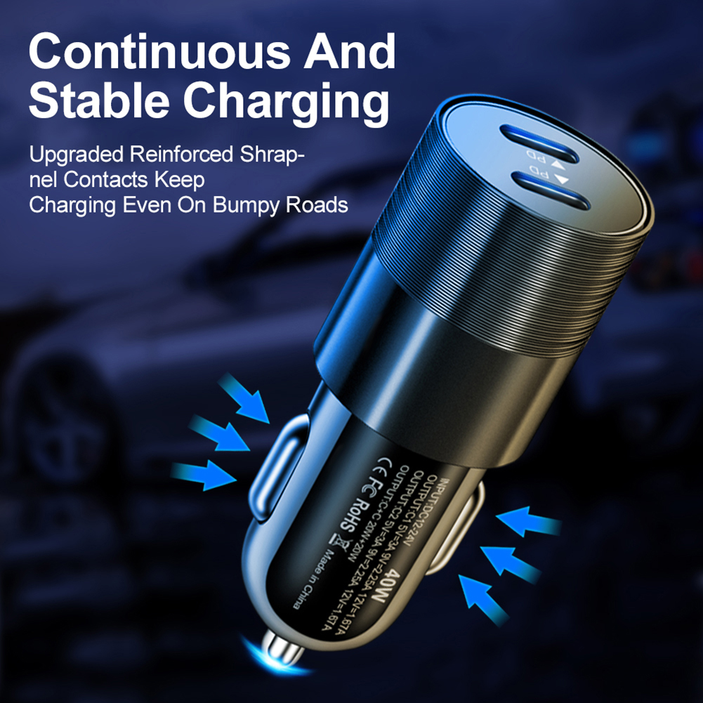 40W Car Charger Dual USB C Fast Charging 12V/24V PD Car Charger Adapter
