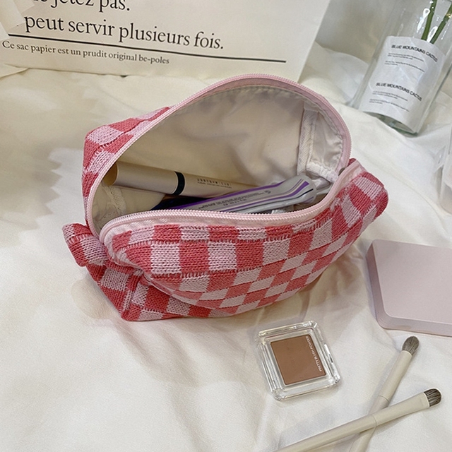 Fashion INS Checkerboard Knitted Pencil Cases Large Capacity Lattice Makeup Bag Plaid Beauty Cosmetic Organizer Pouch Stationery