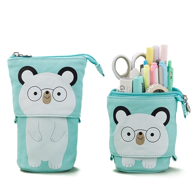 Cute Cat Pattern Retractable Pencil Case School Stationery Bag Kawaii Pen Cases Canvas High Capacity Pen Holder Gifts for Kids