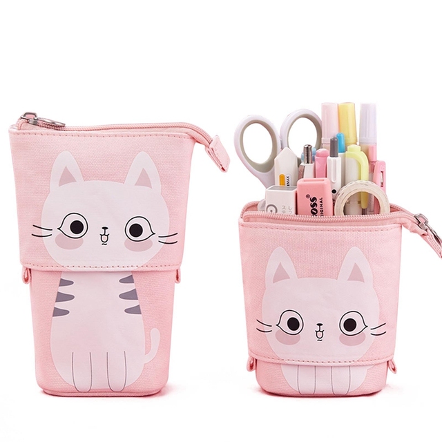 Cute Cat Pattern Retractable Pencil Case School Stationery Bag Kawaii Pen Cases Canvas High Capacity Pen Holder Gifts for Kids