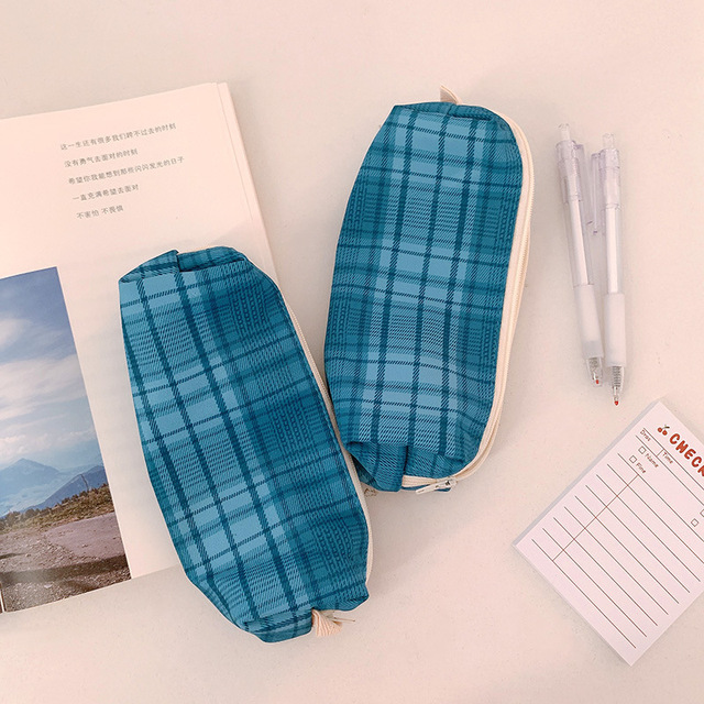 1Pc Simple California Girl Grid Lines Cotton Pencil Bag Korean Stationery Pen Case Pouches Fountain School Office Supplies