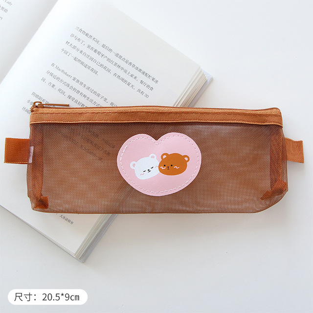 Cartoon Bear Cute Net Yarn Pencil Case Small Fresh Student Transparent Pencil Case Stationery Box Large Capacity
