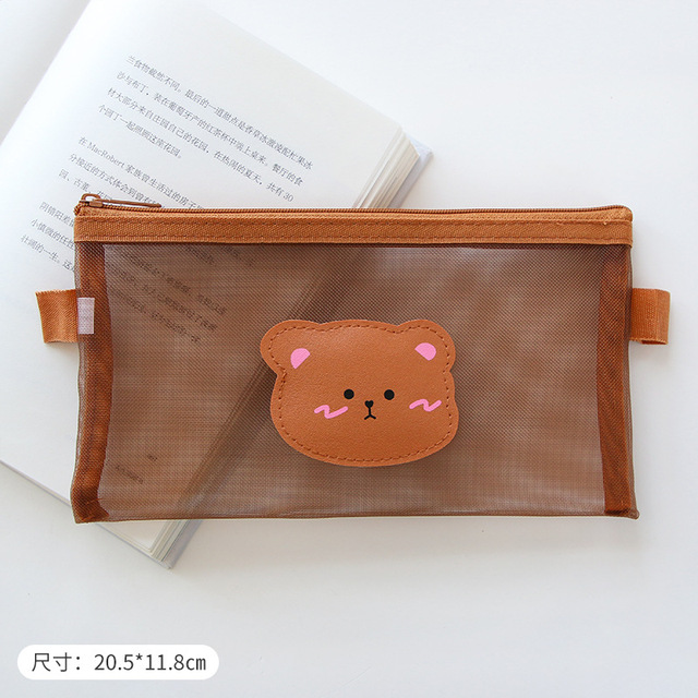 Cartoon Bear Cute Net Yarn Pencil Case Small Fresh Student Transparent Pencil Case Stationery Box Large Capacity