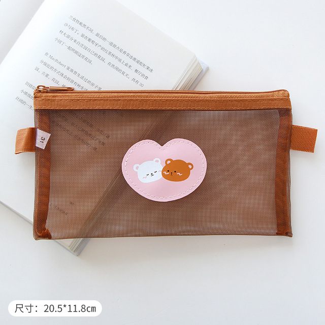 Cartoon Bear Cute Net Yarn Pencil Case Small Fresh Student Transparent Pencil Case Stationery Box Large Capacity