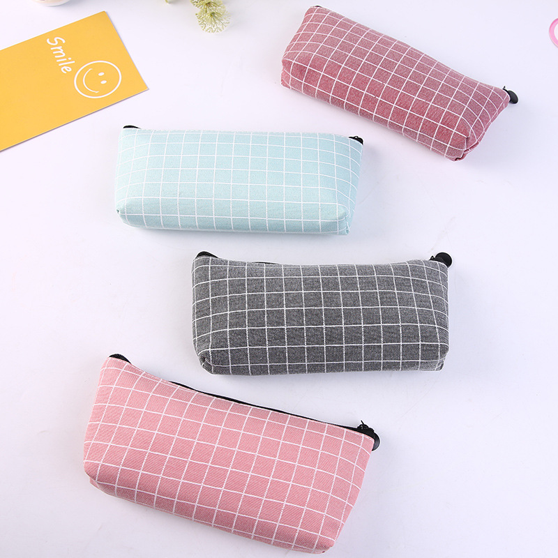 1Pc Fresh Square Lattice  Pencil Case Office Stationery and School Supplies Canvas Material Pencil Bag