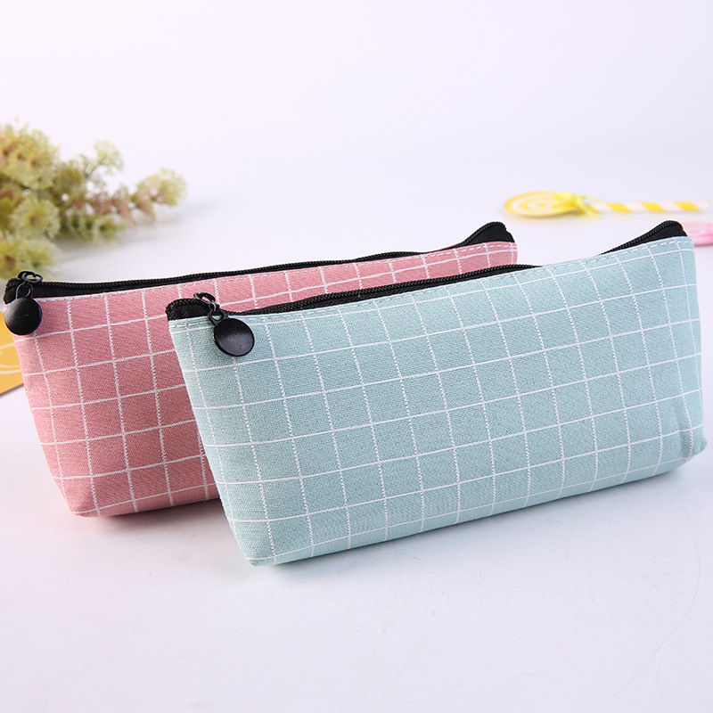 1Pc Fresh Square Lattice  Pencil Case Office Stationery and School Supplies Canvas Material Pencil Bag