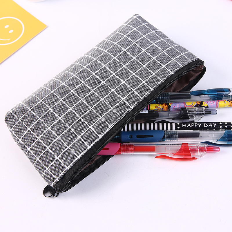 1Pc Fresh Square Lattice  Pencil Case Office Stationery and School Supplies Canvas Material Pencil Bag