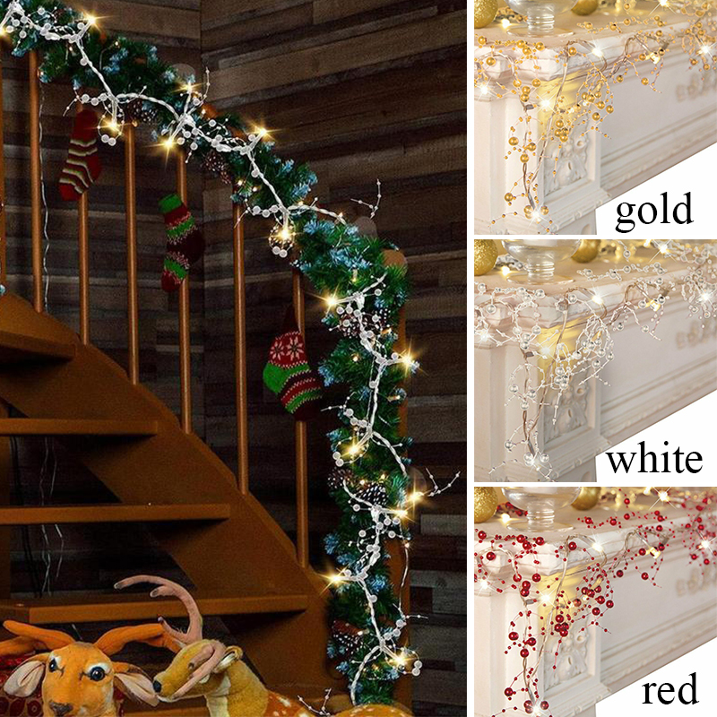 Artificial Christmas Red Pearl 2m 20 LED Light Garland Christmas Decor Berry Beaded Garland LED String Lights Xmas Tree Decor
