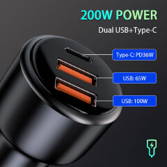 200W Car Charger Fast Charging Type C PD USB Car Cigarett Lighter Adapter Multiple Socket Charger