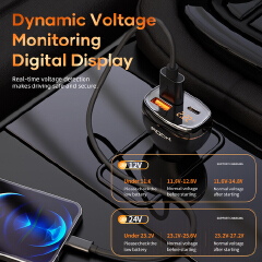 60W 3 Port Car Charger Digital Display QC4.0 QC3.0 Type C PD 33W Fast Car Charging Charger