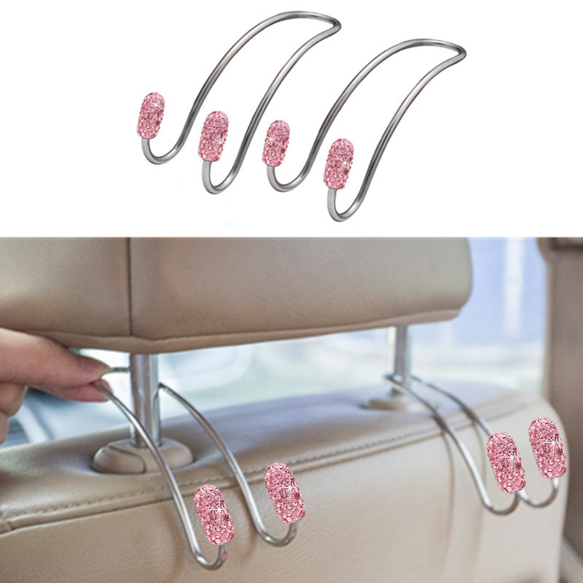 2Pcs/Set Luxurious Rhinestone Car Seat Hooks Cute Auto Headrest Hanger Holder Bags Purse Clothes Coats Storage Organizers Clips