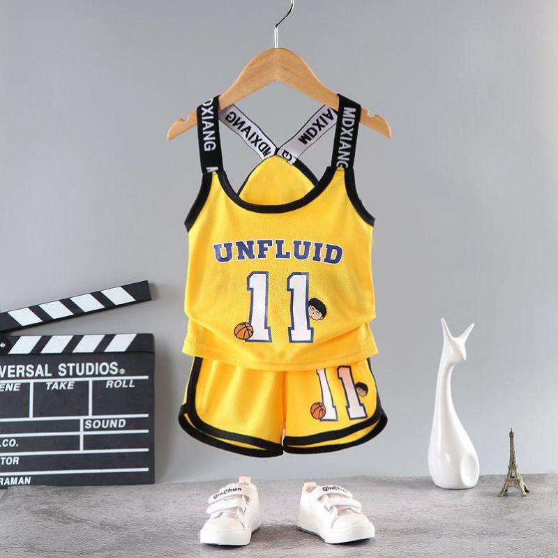 Girls Basketball T-shirt Suspender Sports Quick Drying Suit Boys 2022 Summer Sleeveless Shorts Two-piece Set 2-8 Years Old
