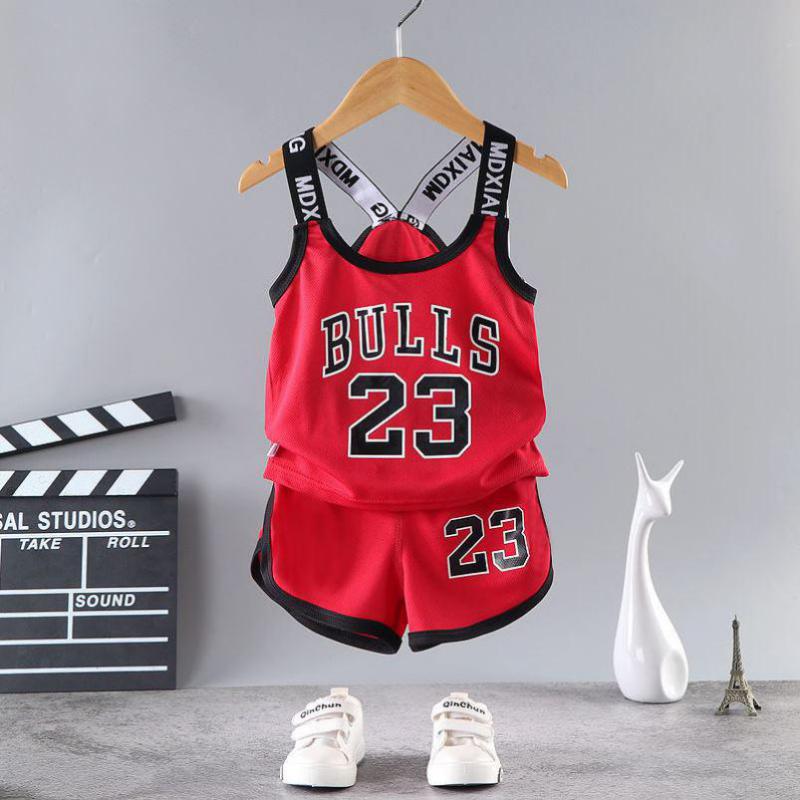 Girls Basketball T-shirt Suspender Sports Quick Drying Suit Boys 2022 Summer Sleeveless Shorts Two-piece Set 2-8 Years Old