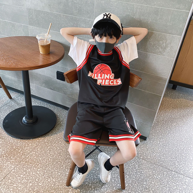 Children's Basketball Clothes 2021 Summer Boy's Sports Letter Suit Casual Short Sleeve T Shirt Pants 2Pcs Kids Vacation Outfits