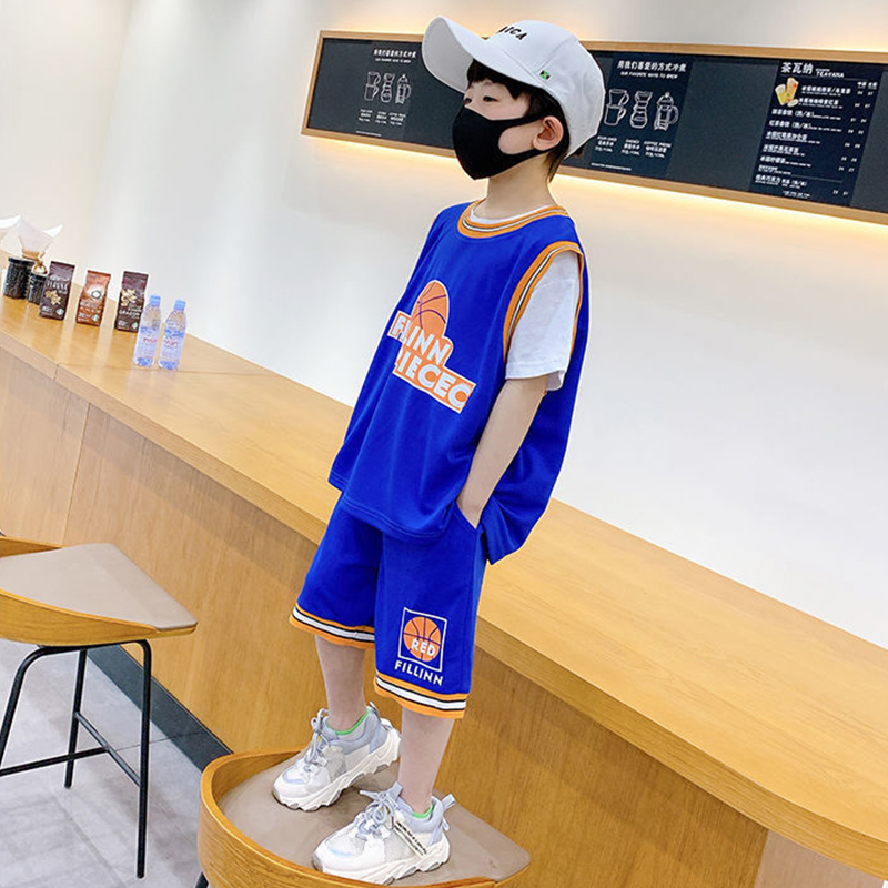 Children's Basketball Clothes 2021 Summer Boy's Sports Letter Suit Casual Short Sleeve T Shirt Pants 2Pcs Kids Vacation Outfits