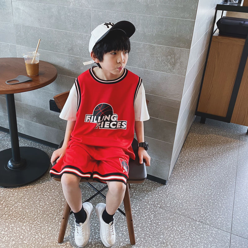 Children's Basketball Clothes 2021 Summer Boy's Sports Letter Suit Casual Short Sleeve T Shirt Pants 2Pcs Kids Vacation Outfits