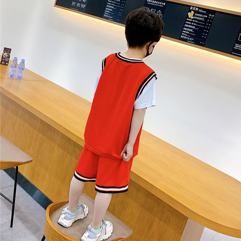 Children's Basketball Clothes 2021 Summer Boy's Sports Letter Suit Casual Short Sleeve T Shirt Pants 2Pcs Kids Vacation Outfits