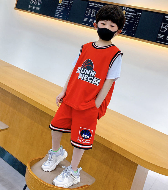 Children's Basketball Clothes 2021 Summer Boy's Sports Letter Suit Casual Short Sleeve T Shirt Pants 2Pcs Kids Vacation Outfits