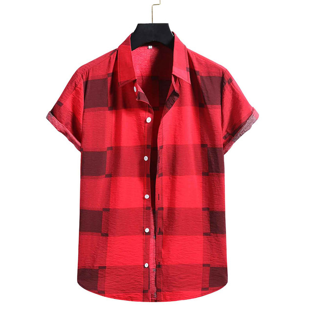 Men's Fashion Cotton Linen Print Plaid Short Sleeve Button Shirt Blouse Top