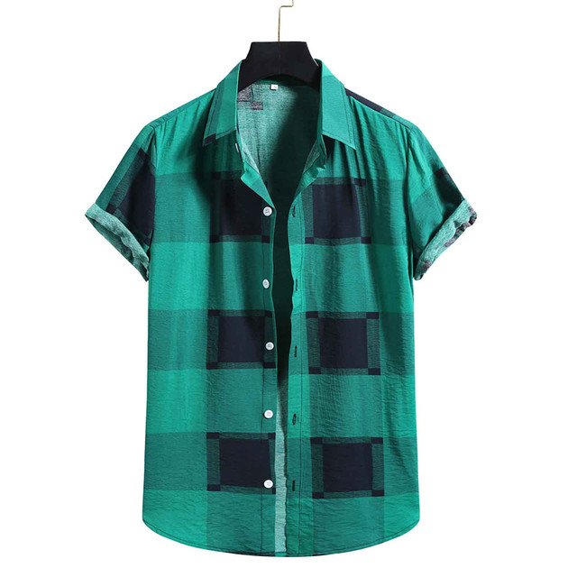 Men's Fashion Cotton Linen Print Plaid Short Sleeve Button Shirt Blouse Top