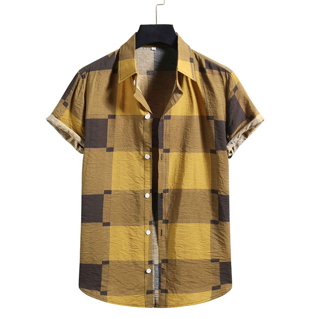 Men's Fashion Cotton Linen Print Plaid Short Sleeve Button Shirt Blouse Top