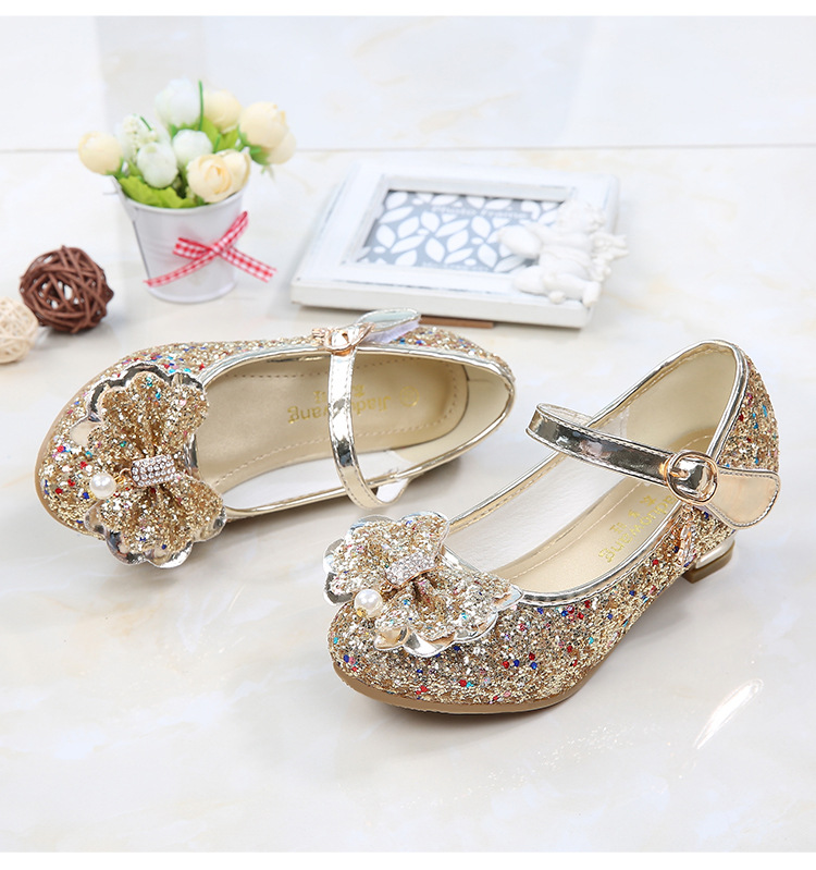 Princess Kids Leather Shoes For Girls Flower Casual Glitter Children High Heel Girls Shoes Butterfly Knot Blue Pink Silver Kids&Baby Shoes