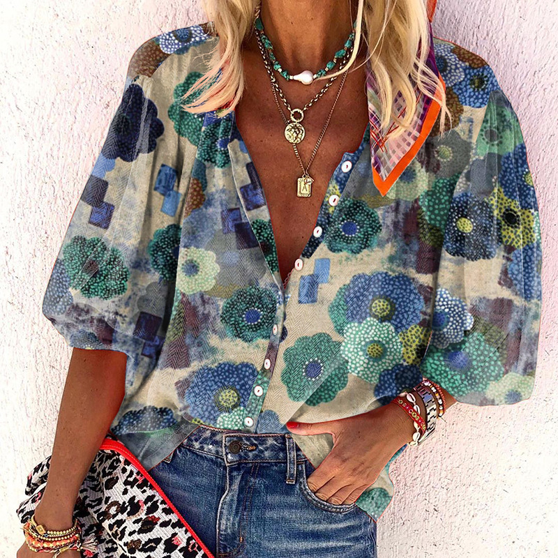 Turn Down Collar Print Women Blouses Blue Cardigan Button Casual Tops Red Long Sleeves Single Breasted Bohemian Blouse