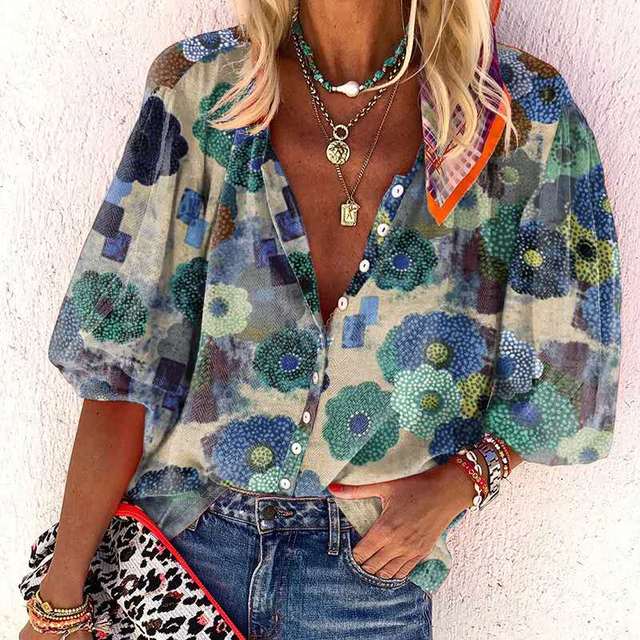 Turn Down Collar Print Women Blouses Blue Cardigan Button Casual Tops Red Long Sleeves Single Breasted Bohemian Blouse