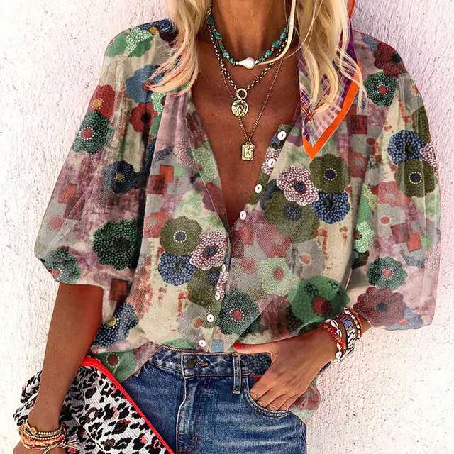 Turn Down Collar Print Women Blouses Blue Cardigan Button Casual Tops Red Long Sleeves Single Breasted Bohemian Blouse