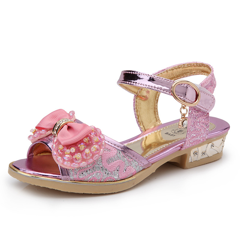 Children Princess Sandals Kids Girls Wedding Shoes High Heels Dress Shoes Bowtie Gold Pink Sandals Shoes for Girls