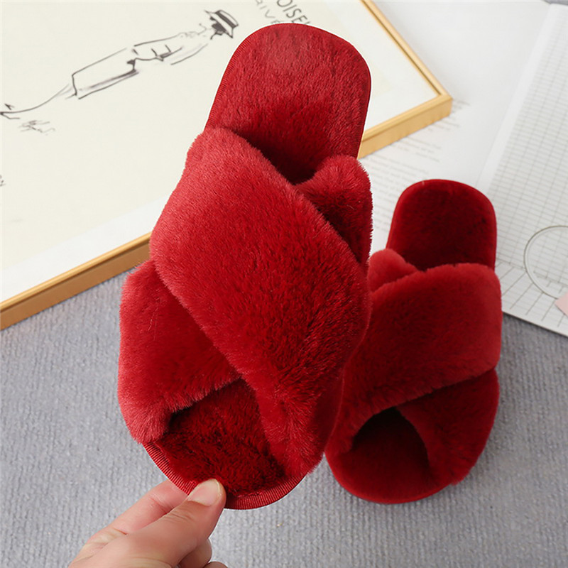 NEW Women Winter House Furry Slippers Women Cross Fluffy Fur Home Slides Flat Indoor