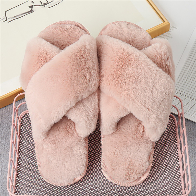 NEW Women Winter House Furry Slippers Women Cross Fluffy Fur Home Slides Flat Indoor