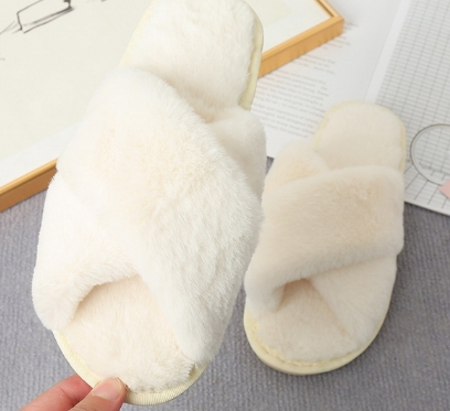 NEW Women Winter House Furry Slippers Women Cross Fluffy Fur Home Slides Flat Indoor