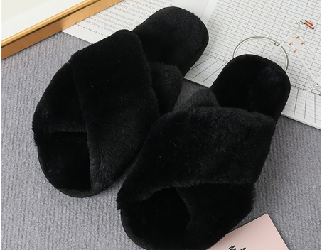 NEW Women Winter House Furry Slippers Women Cross Fluffy Fur Home Slides Flat Indoor