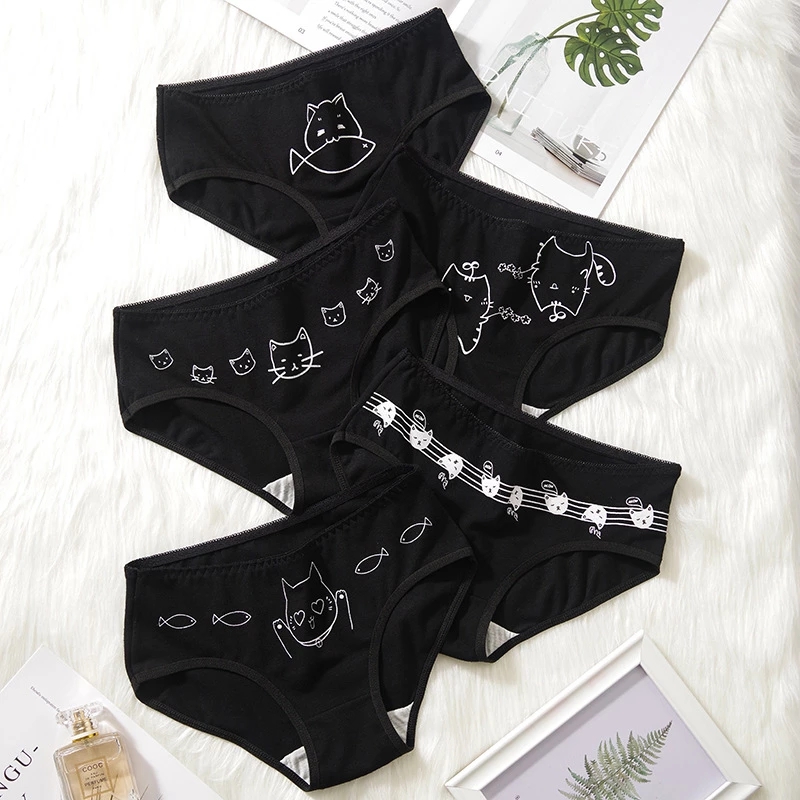 5PCS Cartoon Cat Fish Briefs Cotton Women's Underwear Sexy Panties Female Underpants Solid Color Girls Pantys Lingerie