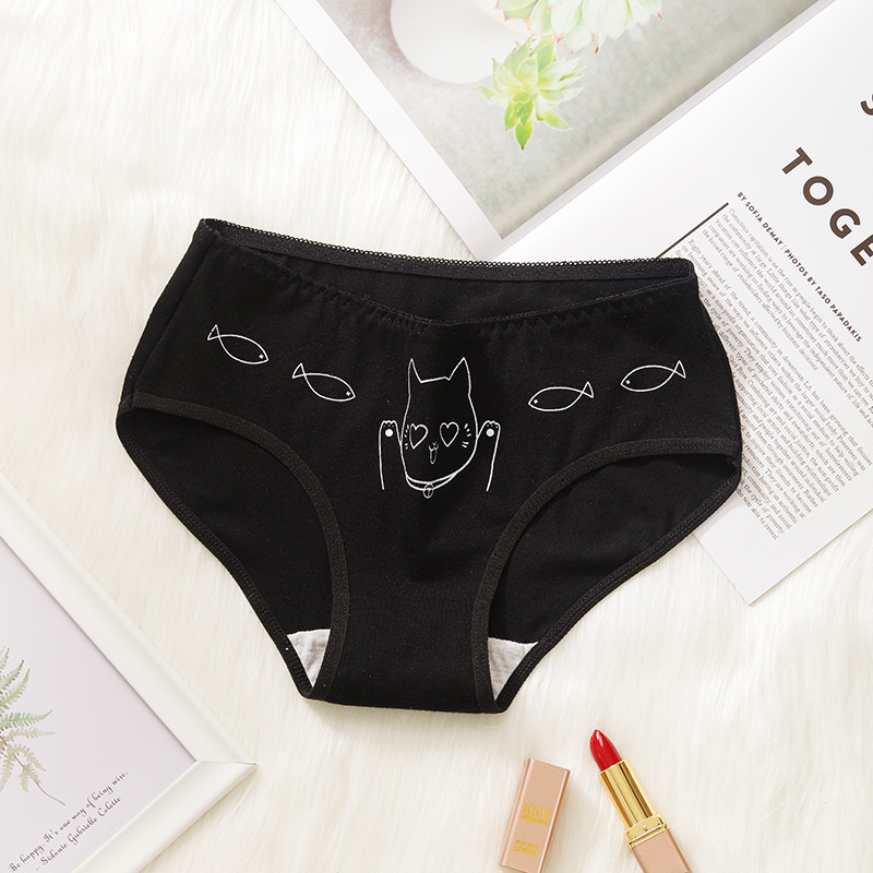 5PCS Cartoon Cat Fish Briefs Cotton Women's Underwear Sexy Panties Female Underpants Solid Color Girls Pantys Lingerie