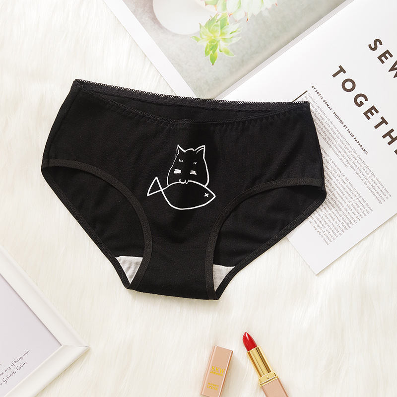 5PCS Cartoon Cat Fish Briefs Cotton Women's Underwear Sexy Panties Female Underpants Solid Color Girls Pantys Lingerie