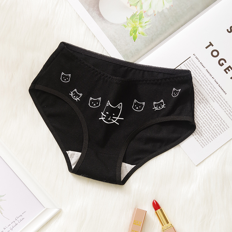 5PCS Cartoon Cat Fish Briefs Cotton Women's Underwear Sexy Panties Female Underpants Solid Color Girls Pantys Lingerie
