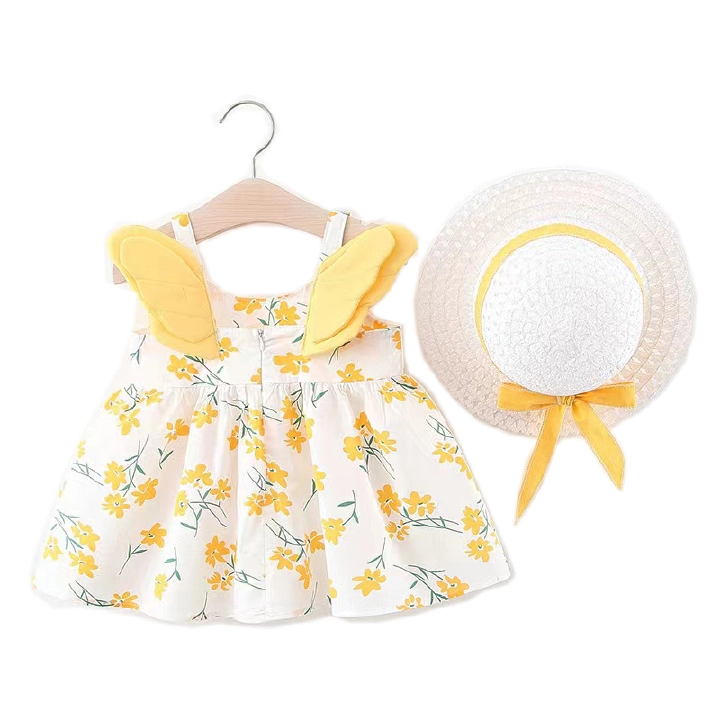 Summer Baby Clothes Toddler Girl Dresses Korean Cute Big Bow Flowers Beach Dress+Sunhat Newborn Clothing Set 006