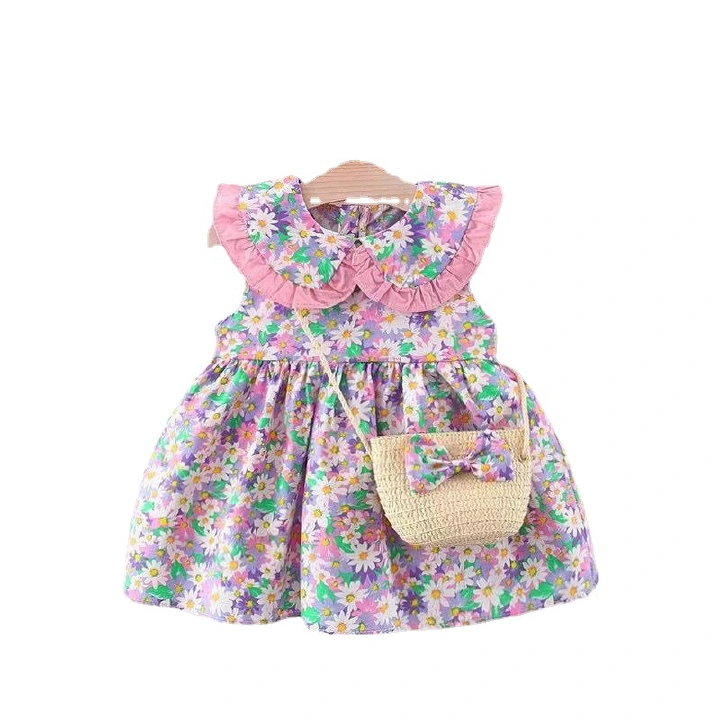 2Piece Summer Toddler Girl Dresses Cartoon Cute Casual Print Sleeveless Baby Princess Flowers Dress+Bag Newborn Clothes BC251